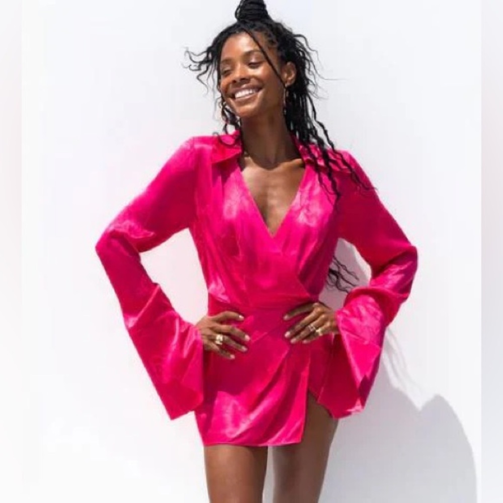 NWT Rat & Boa Paloma Pink Fuschia Mini Long Sleeve Dress XS Collared Satin Sexy